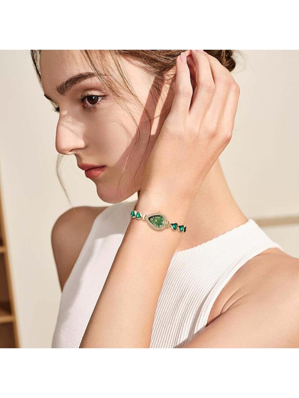 Women's Green Crystal Teardrop Rhinestone Dial Ultra-Thin Metal Wrist Watch - Picture 3 of 6